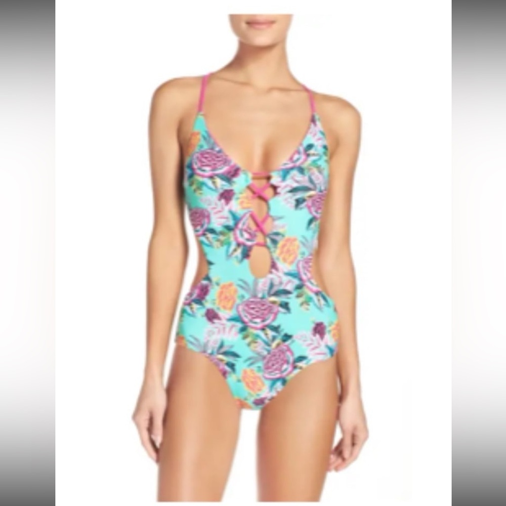 Turquoise floral swimsuit. BCA by Rebecca virtue Floral Cutout One-Piece